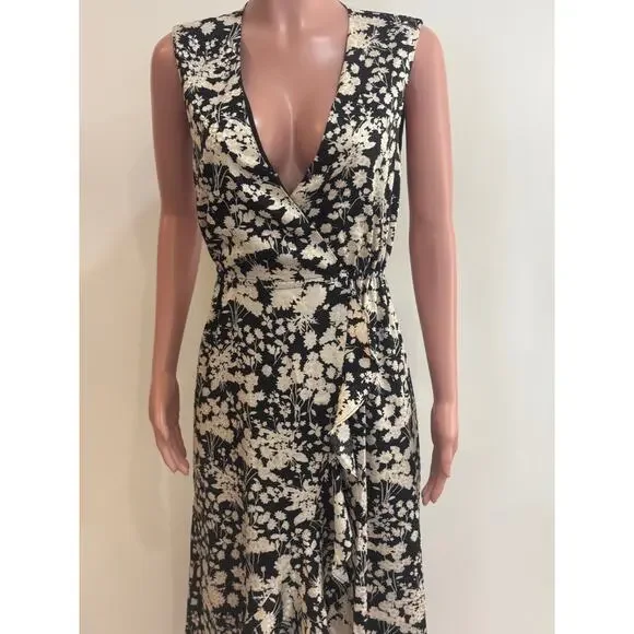 Rebecca Minkoff Assia Faux-Wrap Midi Dress Size S Black Cream Floral Flounce - Picture 3 of 14